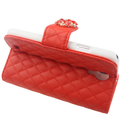 Plaid Texture Diamond Encrusted  Flower Button Flip Soft Leather Case with Credit Card Slots & Holder for Galaxy S IV / i9500