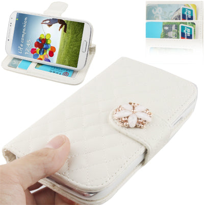 Plaid Texture Diamond Encrusted  Flower Button Flip Soft Leather Case with Credit Card Slots & Holder for Galaxy S IV / i9500