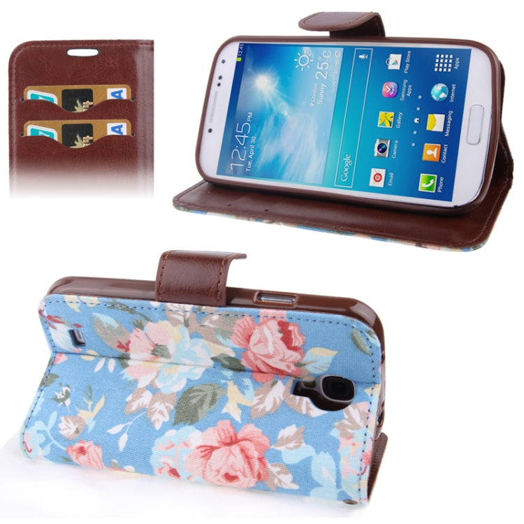 Cloth Texture Peony Pattern Leather Case with Credit Card Slot & Holder for Galaxy S IV / i9500(Blue)