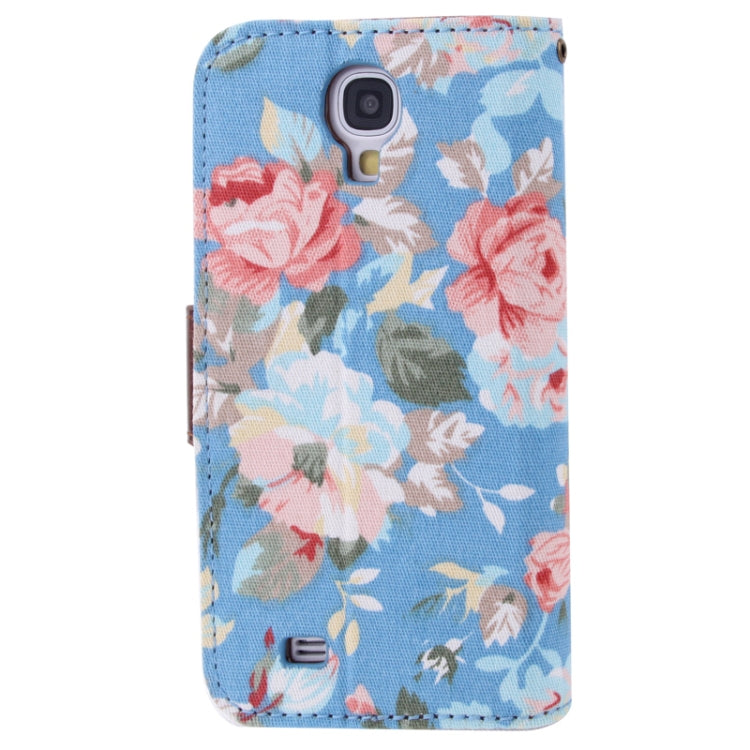 Cloth Texture Peony Pattern Leather Case with Credit Card Slot & Holder for Galaxy S IV / i9500(Blue)