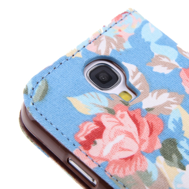 Cloth Texture Peony Pattern Leather Case with Credit Card Slot & Holder for Galaxy S IV / i9500(Blue)