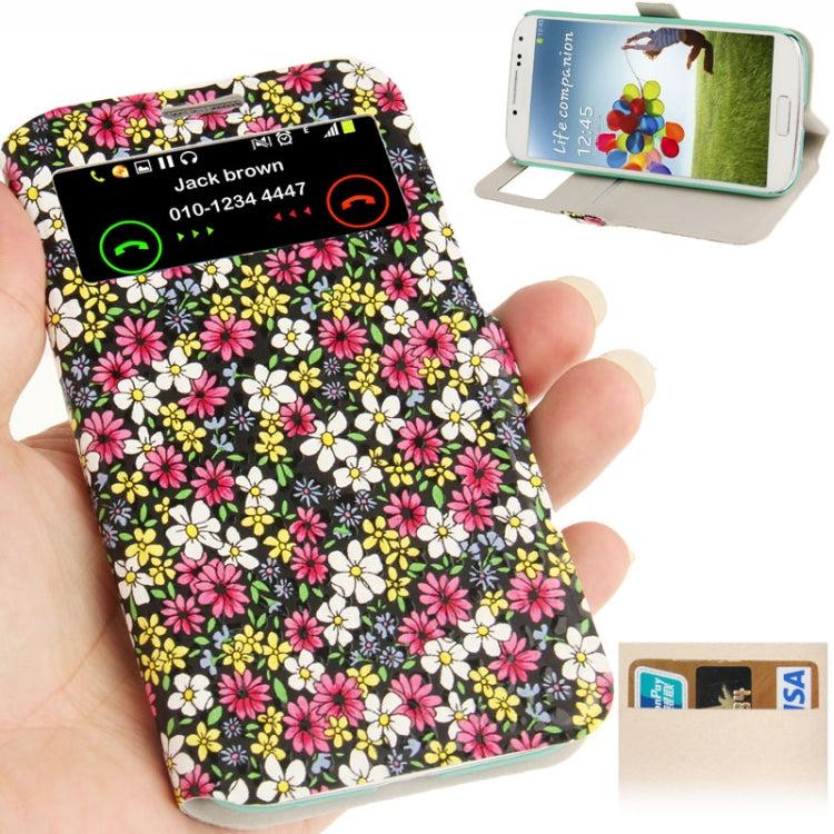 Flowers Pattern Ultra Thin Flip Leather Case with Smart Pocket Caller ID / Sleep / Wake-up Function / Credit Card Slot for Galaxy S IV / i9500
