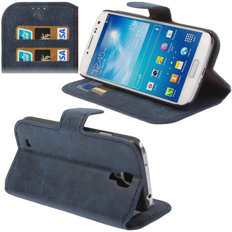Retro Nubuck Leather Case with Holder and Credit Card Slots for Galaxy S IV / i9500(Dark Blue)