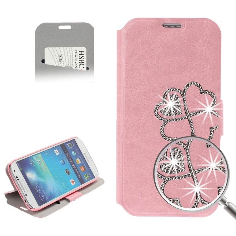 Diamond Encrusted Four Leaves Clover Pattern Flip Leather Case with Credit Card Slot & Holder for Galaxy S IV / i9500