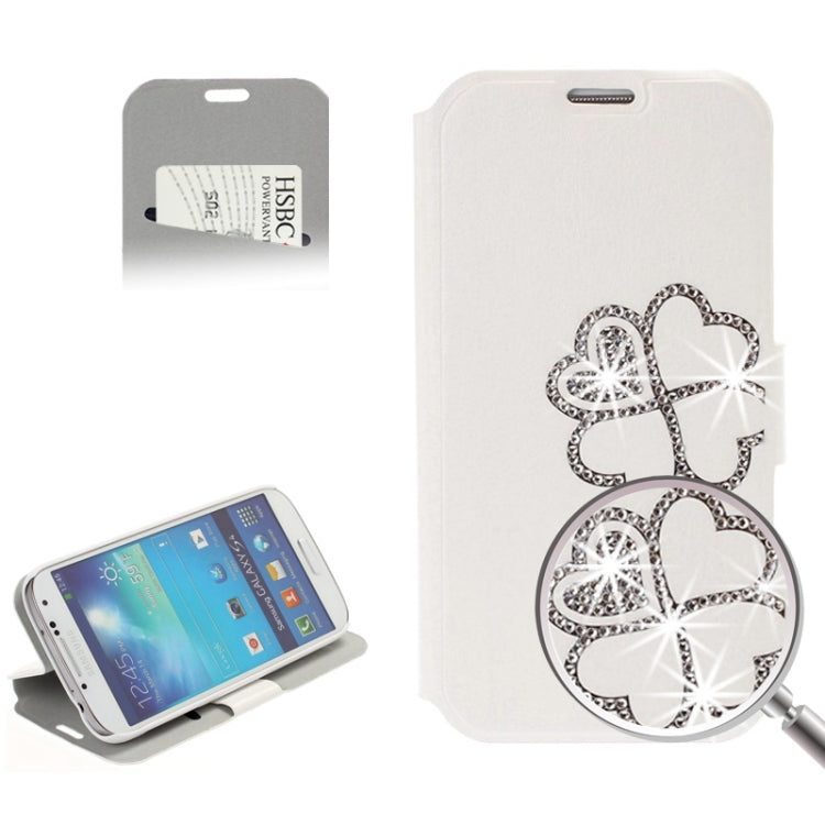 Diamond Encrusted Four Leaves Clover Pattern Flip Leather Case with Credit Card Slot & Holder for Galaxy S IV / i9500