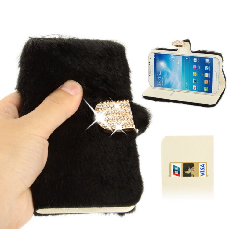 Diamond Encrusted Winter Warm Fur Leather Case with Credit Card Slot & Holder for Galaxy S IV / i9500