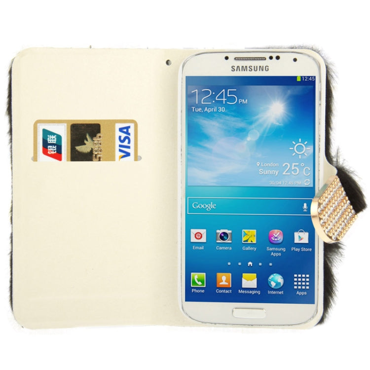 Diamond Encrusted Winter Warm Fur Leather Case with Credit Card Slot & Holder for Galaxy S IV / i9500