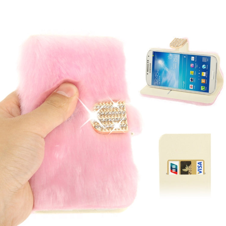 Diamond Encrusted Winter Warm Fur Leather Case with Credit Card Slot & Holder for Galaxy S IV / i9500