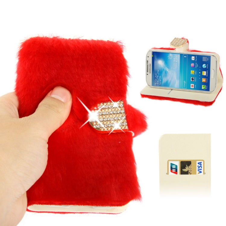 Diamond Encrusted Winter Warm Fur Leather Case with Credit Card Slot & Holder for Galaxy S IV / i9500