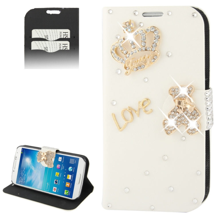 Hairline Texture DIY 3D Crown Diamond Encrusted Leather Case with Credit Card Slot & Holder for Galaxy S IV / i9500(White)
