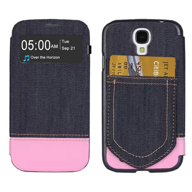 Jeans Style Flip Leather Case with Credit Card Slots & Call Display ID for Galaxy S IV / i9500