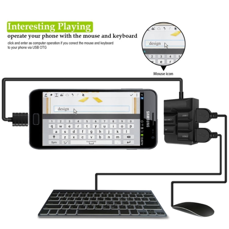 K619 2 in 1 Micro USB OTG HUB SD(HC)/TF Smart Card Reader 2 Ports USB HUB for Galaxy S6 / S5 / Note 5 / Note 4 / Note III / Android Phone