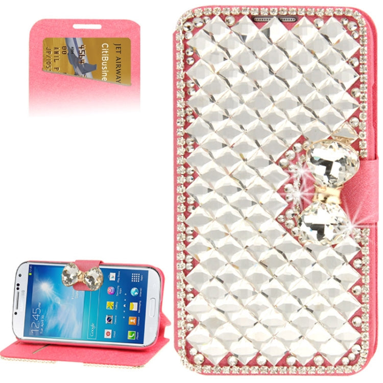 Bowknot Magnetic Buckle Diamond Encrusted Horizontal Flip Leather Case with Credit Card Slots & Holder for Galaxy S IV / i9500(Magenta)