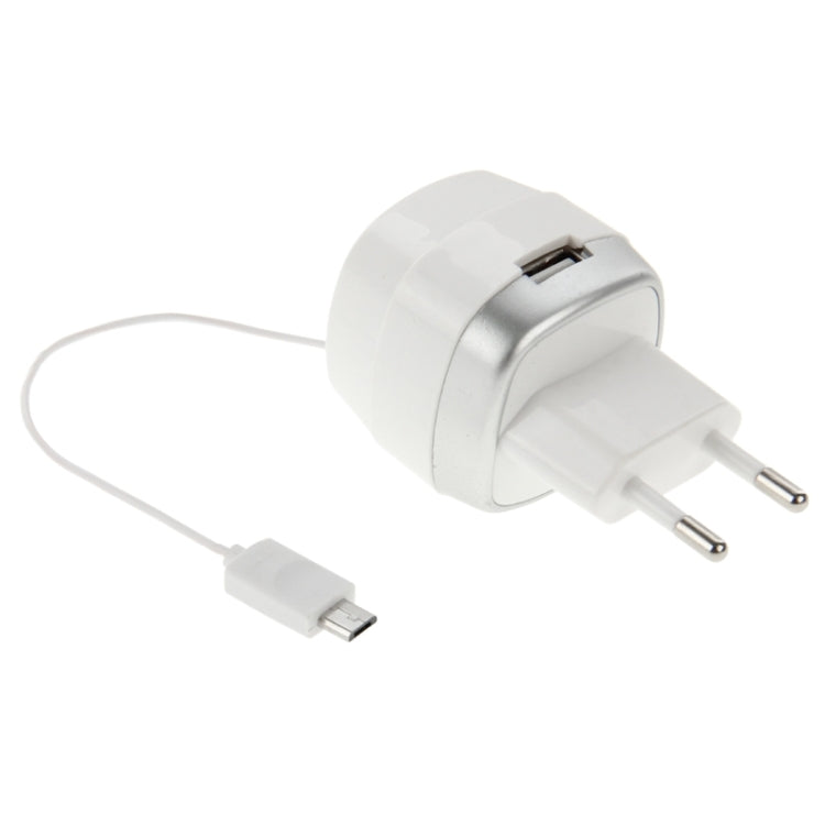 EU Plug 5V 2.1A Universal USB Travel Charger with Micro USB Retractable Charging Cable for Galaxy S6 / S6 Edge / S5 / S IV / A3 / A7 / Note 4, Nokia, HTC, LG, Sony, Xiaomi Mobile Phone, Length: 60cm