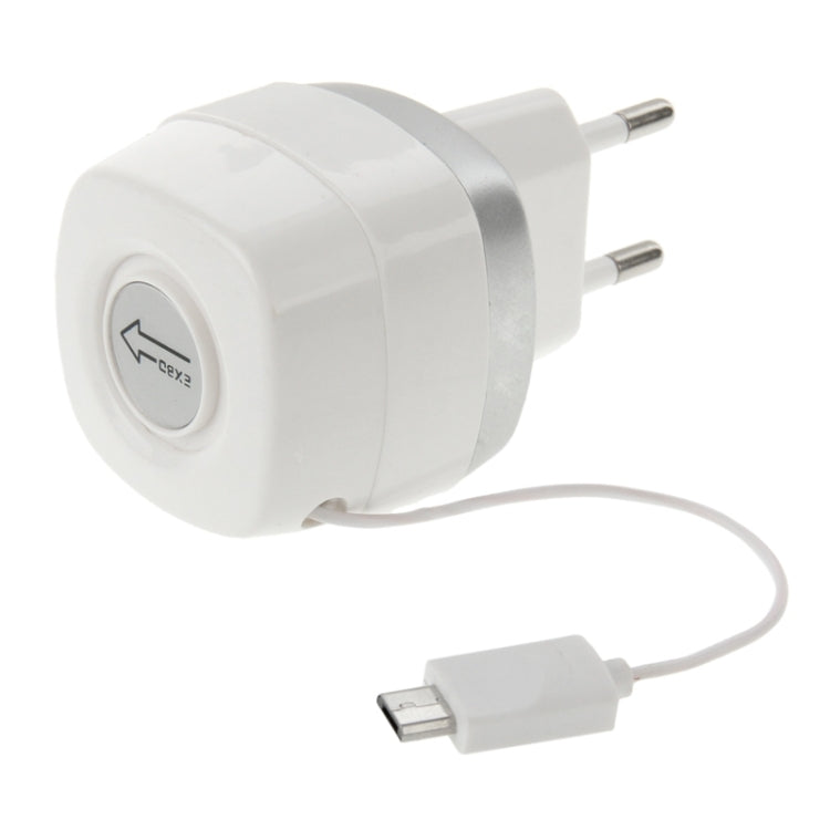 EU Plug 5V 2.1A Universal USB Travel Charger with Micro USB Retractable Charging Cable for Galaxy S6 / S6 Edge / S5 / S IV / A3 / A7 / Note 4, Nokia, HTC, LG, Sony, Xiaomi Mobile Phone, Length: 60cm
