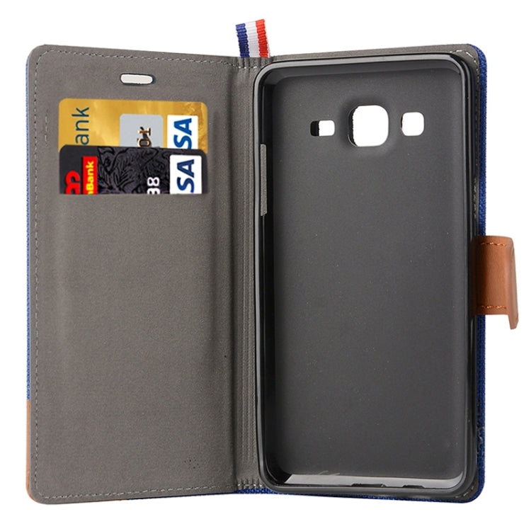 Denim Texture Horizontal Flip Leather Case with Magnetic Snap & Card Slots & Holder & Sling for Galaxy On7 / G600