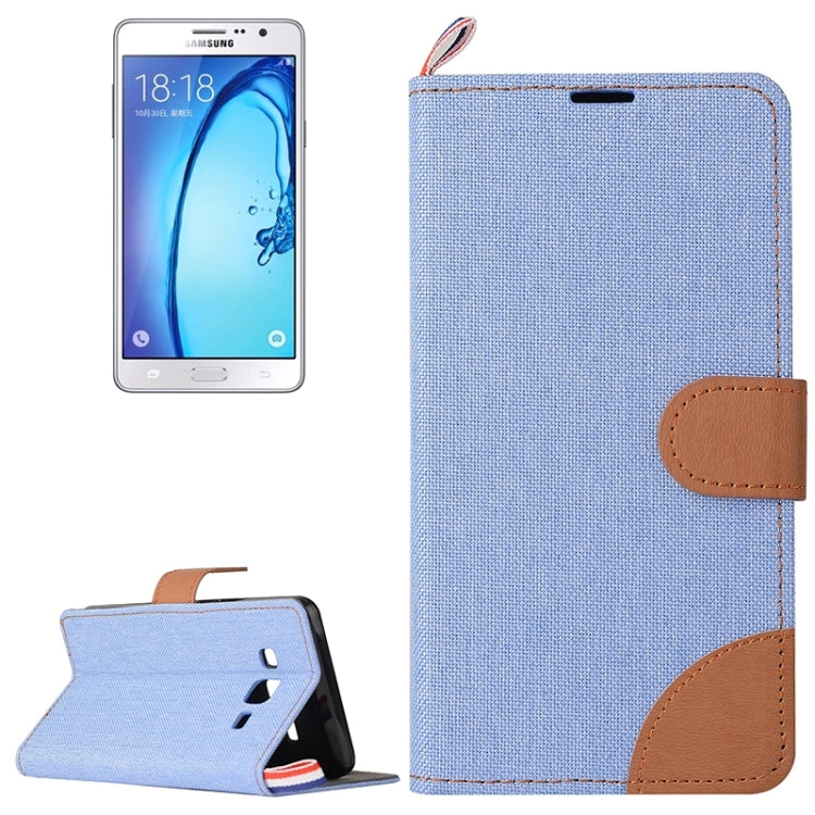 Denim Texture Horizontal Flip Leather Case with Magnetic Snap & Card Slots & Holder & Sling for Galaxy On7 / G600
