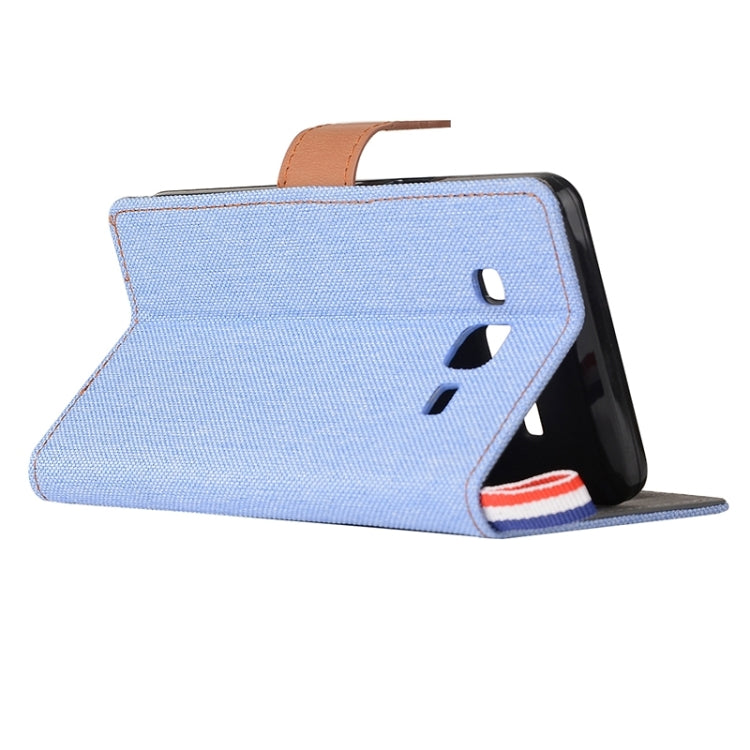 Denim Texture Horizontal Flip Leather Case with Magnetic Snap & Card Slots & Holder & Sling for Galaxy On7 / G600