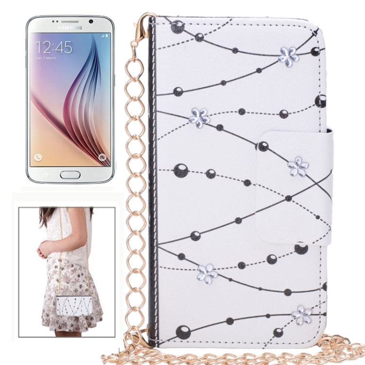 For Galaxy S6 / G920 Bead Pattern Diamond-Encrusted Wallet Style Leather Case with Chain & Card Slots (White)