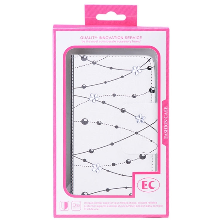 For Galaxy S6 / G920 Bead Pattern Diamond-Encrusted Wallet Style Leather Case with Chain & Card Slots (White)