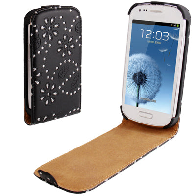 Leaves Pattern Vertical Flip Diamond Encrusted Leather Case for Galaxy SIII mini / i8190