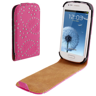 Leaves Pattern Vertical Flip Diamond Encrusted Leather Case for Galaxy SIII mini / i8190