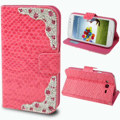Luxury Diamond Encrusted Snakeskin Texture Leather Case with Credit Card Slots & Holder for Galaxy Grand Duos / i9082