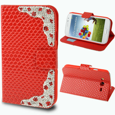 Luxury Diamond Encrusted Snakeskin Texture Leather Case with Credit Card Slots & Holder for Galaxy Grand Duos / i9082