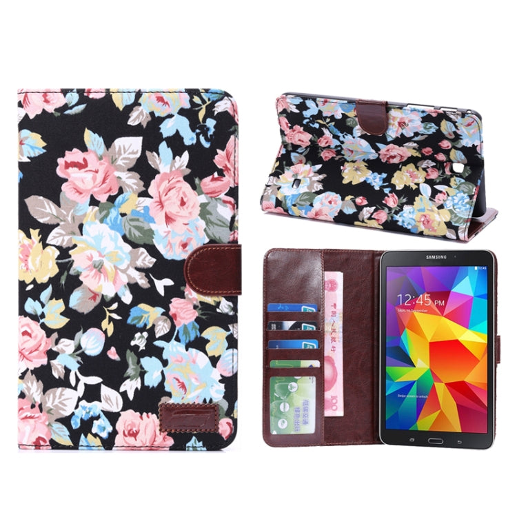 Peony Pattern Denim Texture Leather Case with Credit Card Slots & Holder for Galaxy Tab 4 8.0 / T330