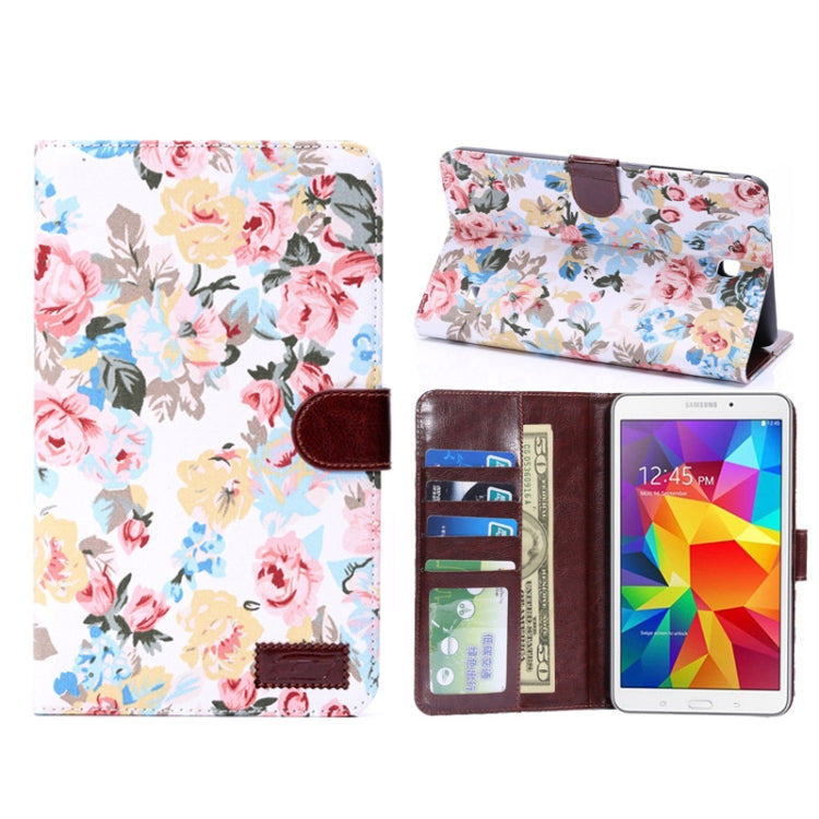 Peony Pattern Denim Texture Leather Case with Credit Card Slots & Holder for Galaxy Tab 4 7.0 / SM-T230