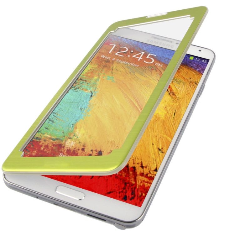 For Galaxy Note III / N9000 Transparent Window Design Flip Leather Case + Metal Brushed Paste Skin Plastic  Back Cover