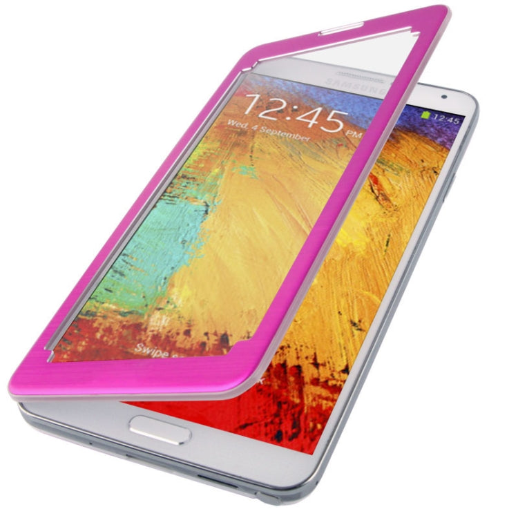 For Galaxy Note III / N9000 Transparent Window Design Flip Leather Case + Metal Brushed Paste Skin Plastic  Back Cover