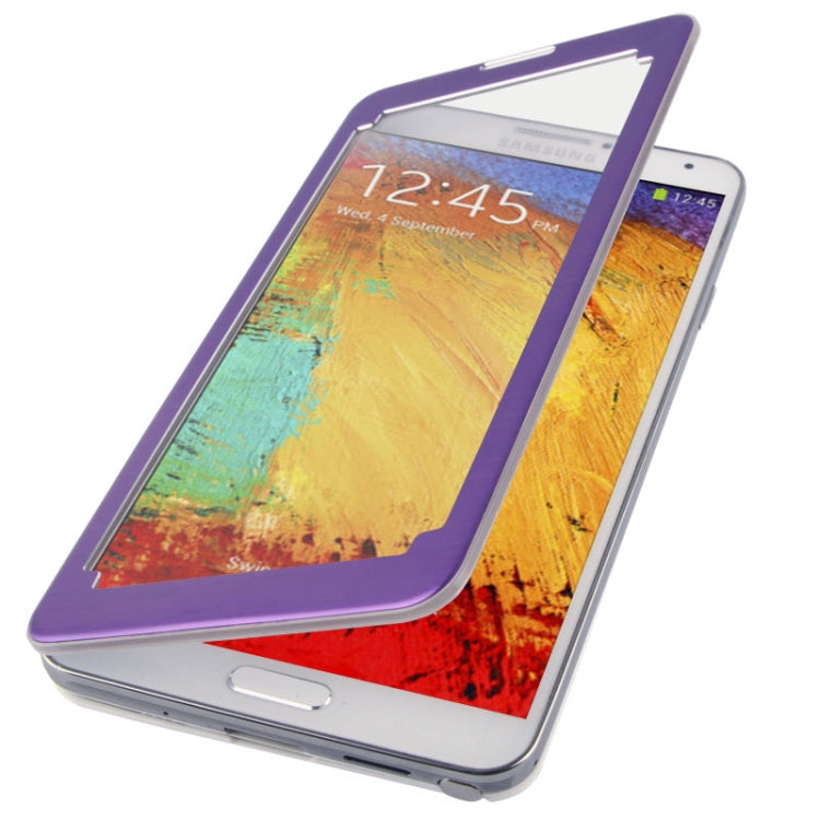 For Galaxy Note III / N9000 Transparent Window Design Flip Leather Case + Metal Brushed Paste Skin Plastic  Back Cover