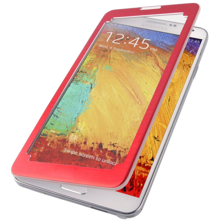 For Galaxy Note III / N9000 Transparent Window Design Flip Leather Case + Metal Brushed Paste Skin Plastic  Back Cover