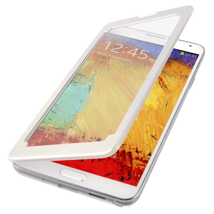For Galaxy Note III / N9000 Transparent Window Design Flip Leather Case + Metal Brushed Paste Skin Plastic  Back Cover