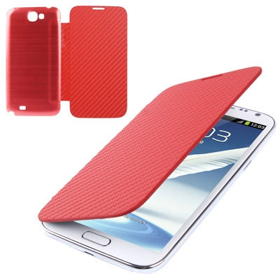 For Galaxy Note II / N7100 Carbon Fiber Texture Flip Leather Case + Metal Brushed  Battery Cover (Red)