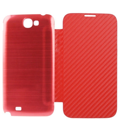 For Galaxy Note II / N7100 Carbon Fiber Texture Flip Leather Case + Metal Brushed  Battery Cover (Red)