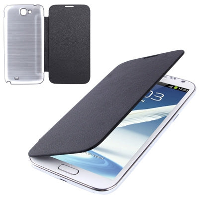 For Galaxy Note II / N7100 Litchi Texture Flip Leather Case + Metal Brushed  Battery Cover (Black)