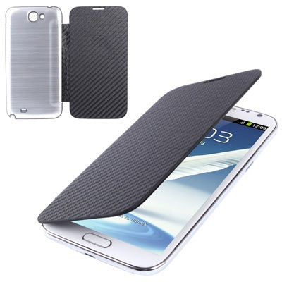 For Galaxy Note II / N7100 Carbon Fiber Texture Flip Leather Case + Metal Brushed  Battery Cover (Black)