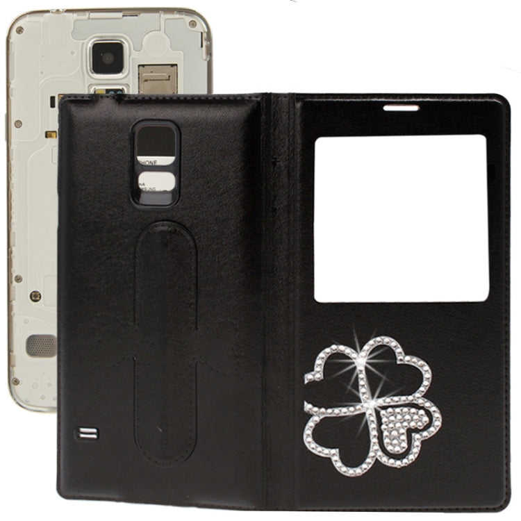 For Galaxy S5 / G900 Four Leaf Clover Diamond Flip Leather  Back Cover with Call Display ID & Holder