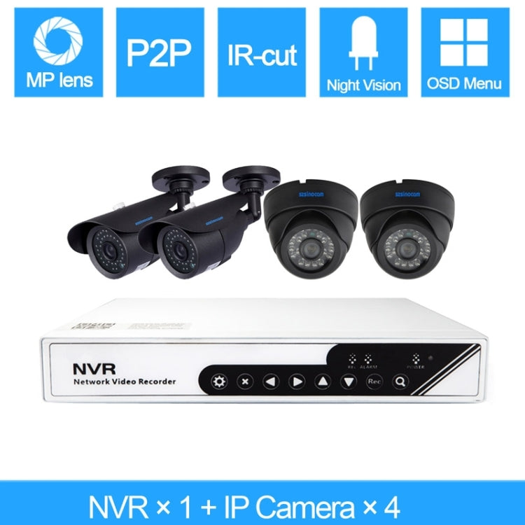 szsinocam SN-NVK-6004BD210 4CH HD 720P P2P 1.0 Mega Pixel IP Camera NVR Kit, Support Night Vision / Motion Detection / ONVIF, IR Distance: 20m
