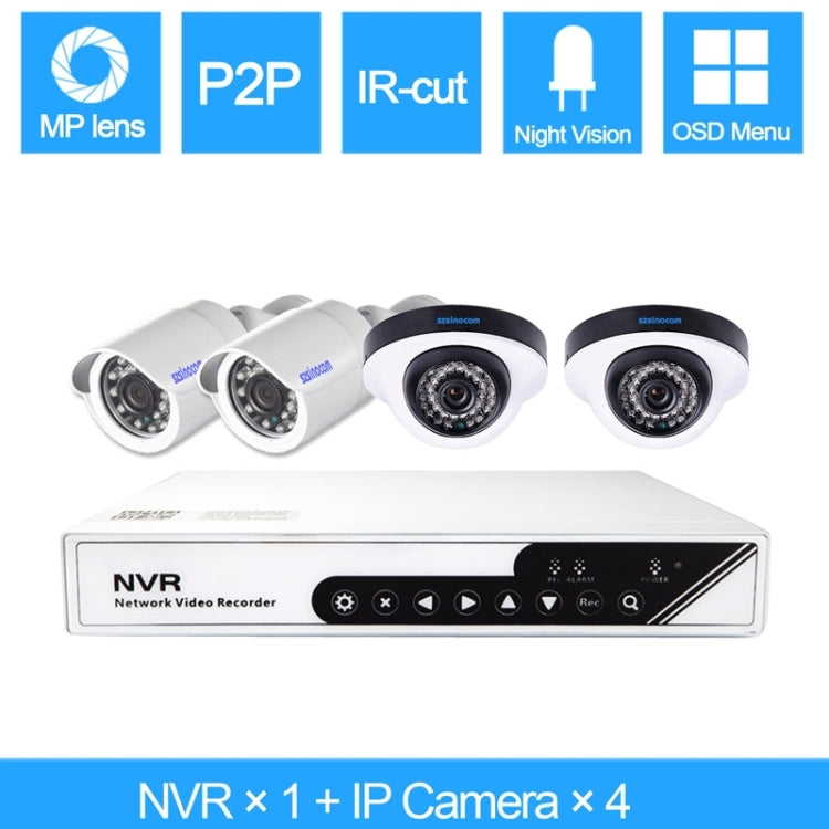 szsinocam SN-NVK-6004BD410 4CH HD 720P P2P 1.0 Mega Pixel IP Camera NVR Kit, Support Night Vision / Motion Detection / ONVIF, IR Distance: 20m