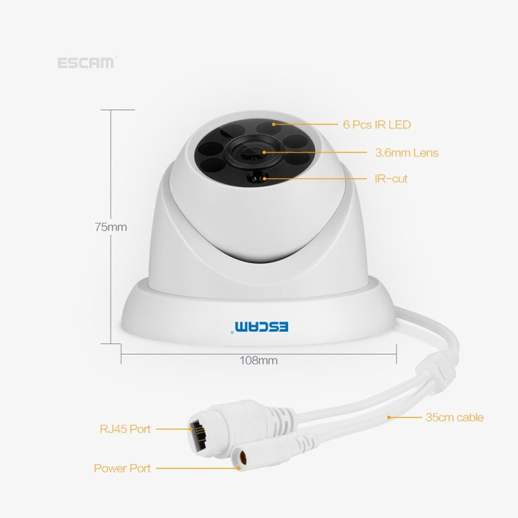 ESCAM QH001 ONVIF H.265 1080P P2P IR Dome IP Camera with Smart Analysis Function, Support Night Vision and Motion Detection(White)