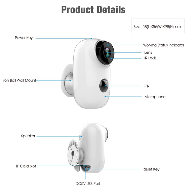 A3 WiFi Wireless IP65 Waterproof 720P IP Camera, Support Night Vision / Motion Detection / PIR Motion Sensor, Two-way Audio, Built-in 6000mAh Rechargeable Battery