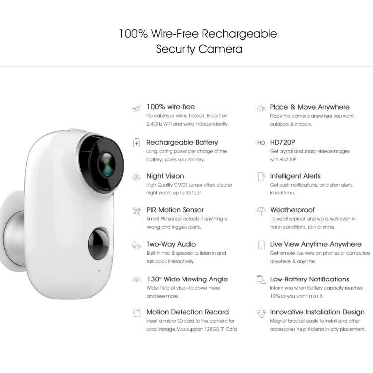 A3 WiFi Wireless IP65 Waterproof 720P IP Camera, Support Night Vision / Motion Detection / PIR Motion Sensor, Two-way Audio, Built-in 6000mAh Rechargeable Battery