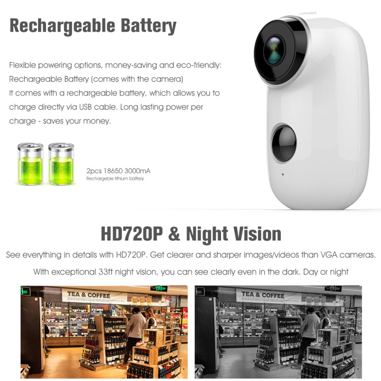 A3 WiFi Wireless IP65 Waterproof 720P IP Camera, Support Night Vision / Motion Detection / PIR Motion Sensor, Two-way Audio, Built-in 6000mAh Rechargeable Battery