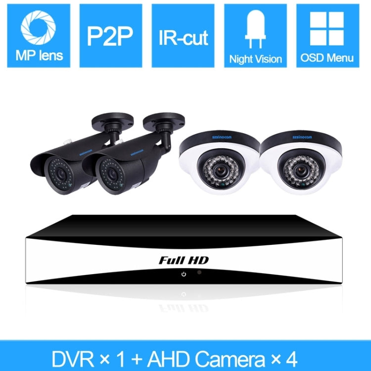szsinocam SN-AHK-40010BD3 4CH 720P H.264 1.0 Mega Pixel Bullet IP Camera AHD DVR Kit, Support Night Vision / Motion Detection, IR Distance: 20m