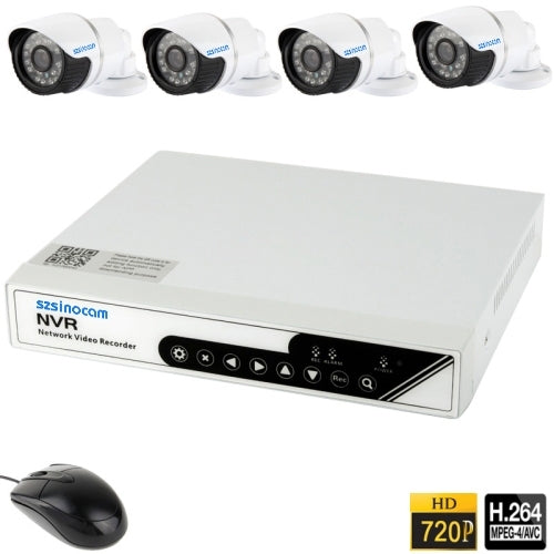 szsinocam 4CH 720P RJ45 NVR Kit with 4 x H.264 1.0 Mega Pixel / 4.0mm Fixed Focal Lens Infrared IP Camera, Support Mega pixel HD Network Video Preview, Storage and Playback / 4CH Playback Simultaneously(Black)