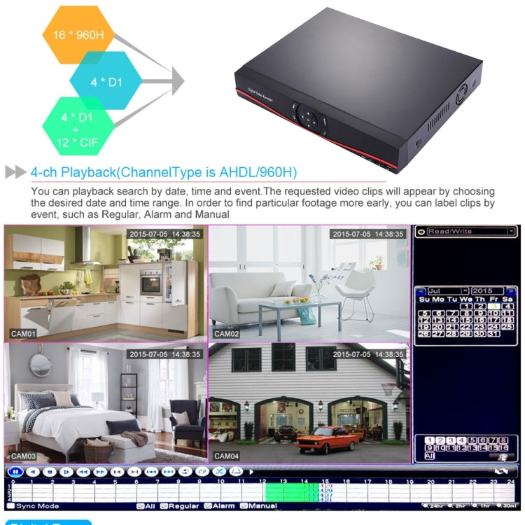 16CH AHD Embedded Linux H.264 Compression DVR Digital Video Recorder, Support HDMI / VGA / RJ45 Port / up to 4TB HDD and Mobile, Free DDNS(Black)