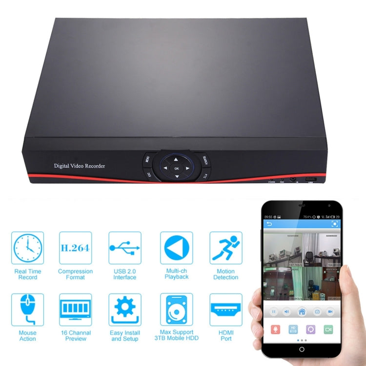 16CH AHD Embedded Linux H.264 Compression DVR Digital Video Recorder, Support HDMI / VGA / RJ45 Port / up to 4TB HDD and Mobile, Free DDNS(Black)